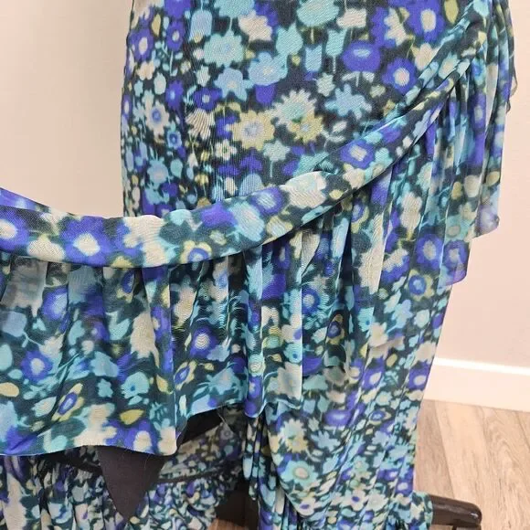 Ganni Floral Wrap Midi Skirt Asymmetrical Ruffle  Blue Green Women's 32 Medium - Picture 7 of 13